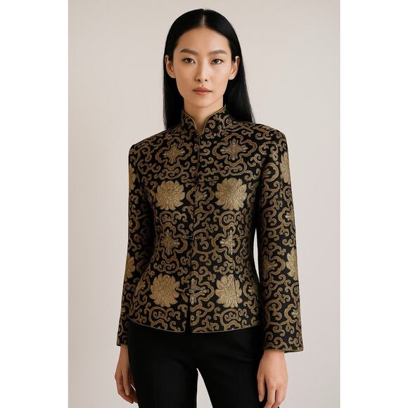 Vintage OLD SHANGHAI Chinese Mandarin Collar Gold Medallion Silk Jacket Size L - Picture 1 of 11